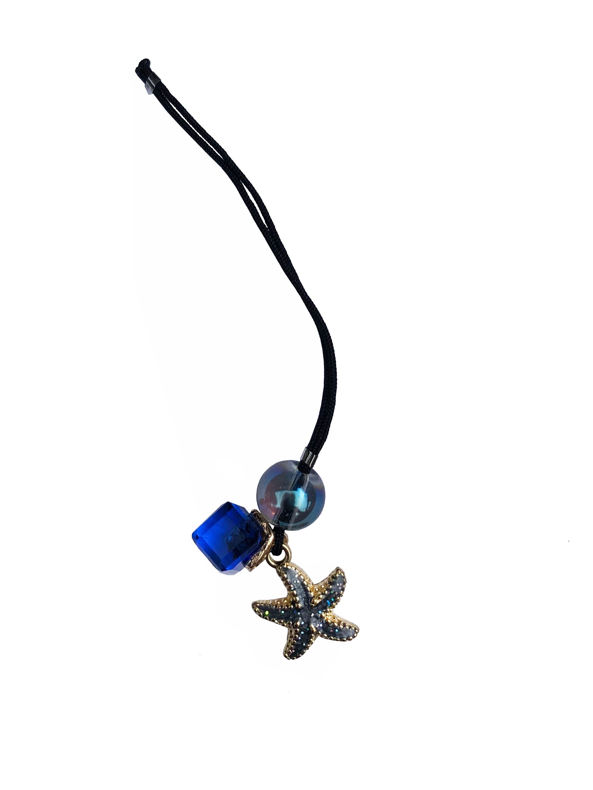 Handmade beaded phone charm made using starfish charm, a glass bead, and a blue glass cube charm.