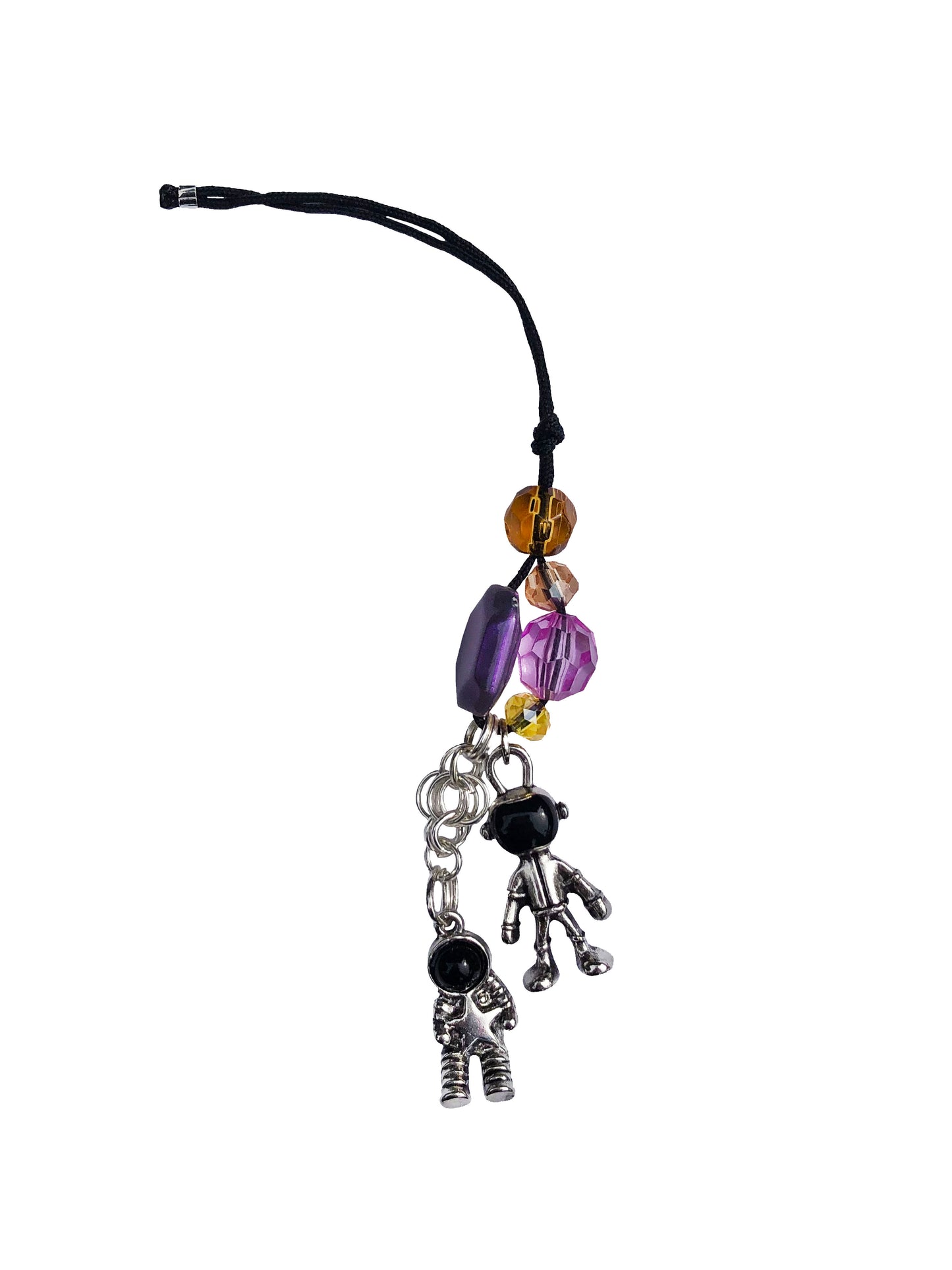 Handmade crystal and glass beaded phone charm with two astronaut charms.