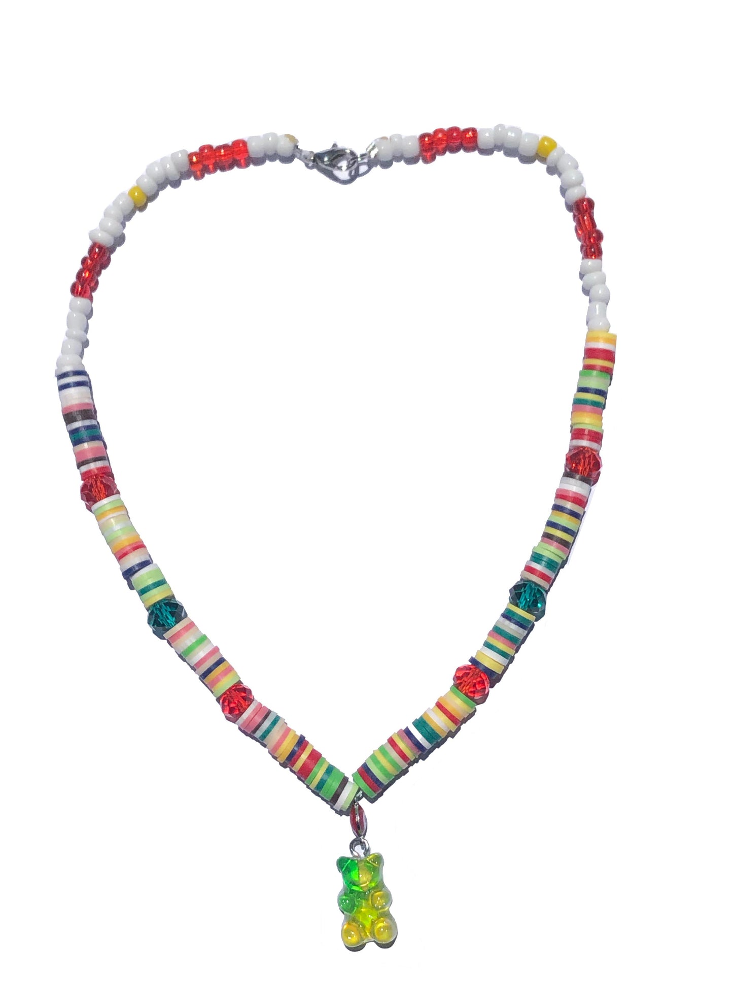 multicolored crystal and glass beaded necklace with a red evil eye, and green and yellow gummy bear-like charm