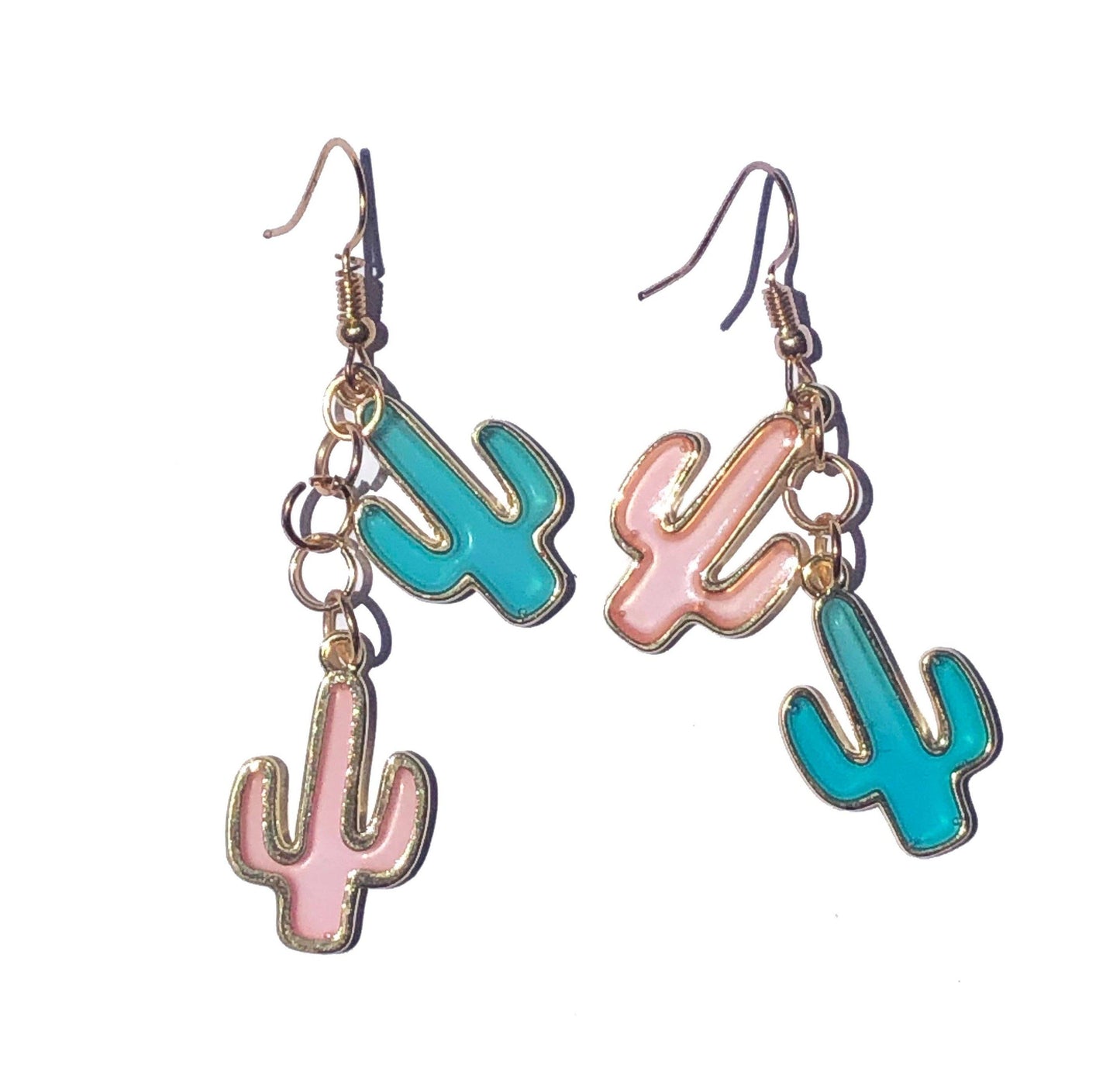 Handcrafted golden chain link earrings with pink and blue cacti charms