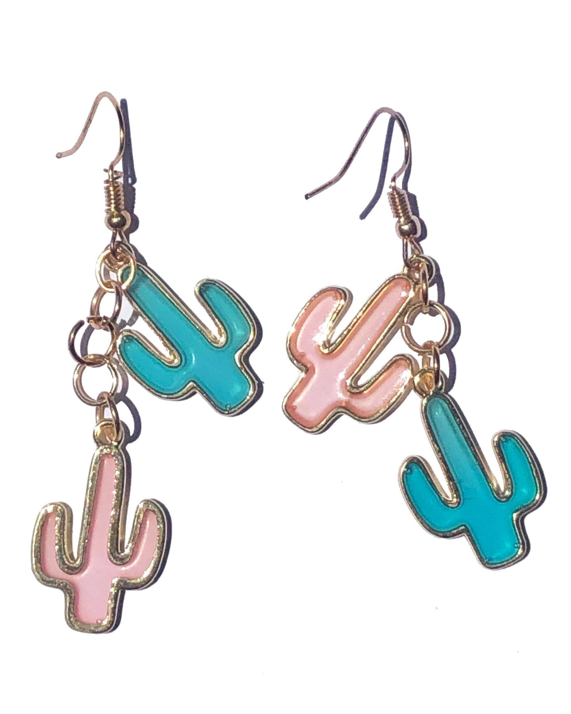 Handcrafted golden chain link earrings with pink and blue cacti charms