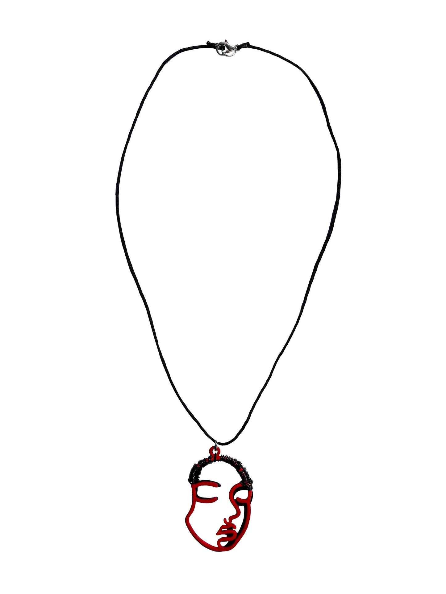 Handcrafted using hollowed-out black and red face charms wire wrapped together as one.