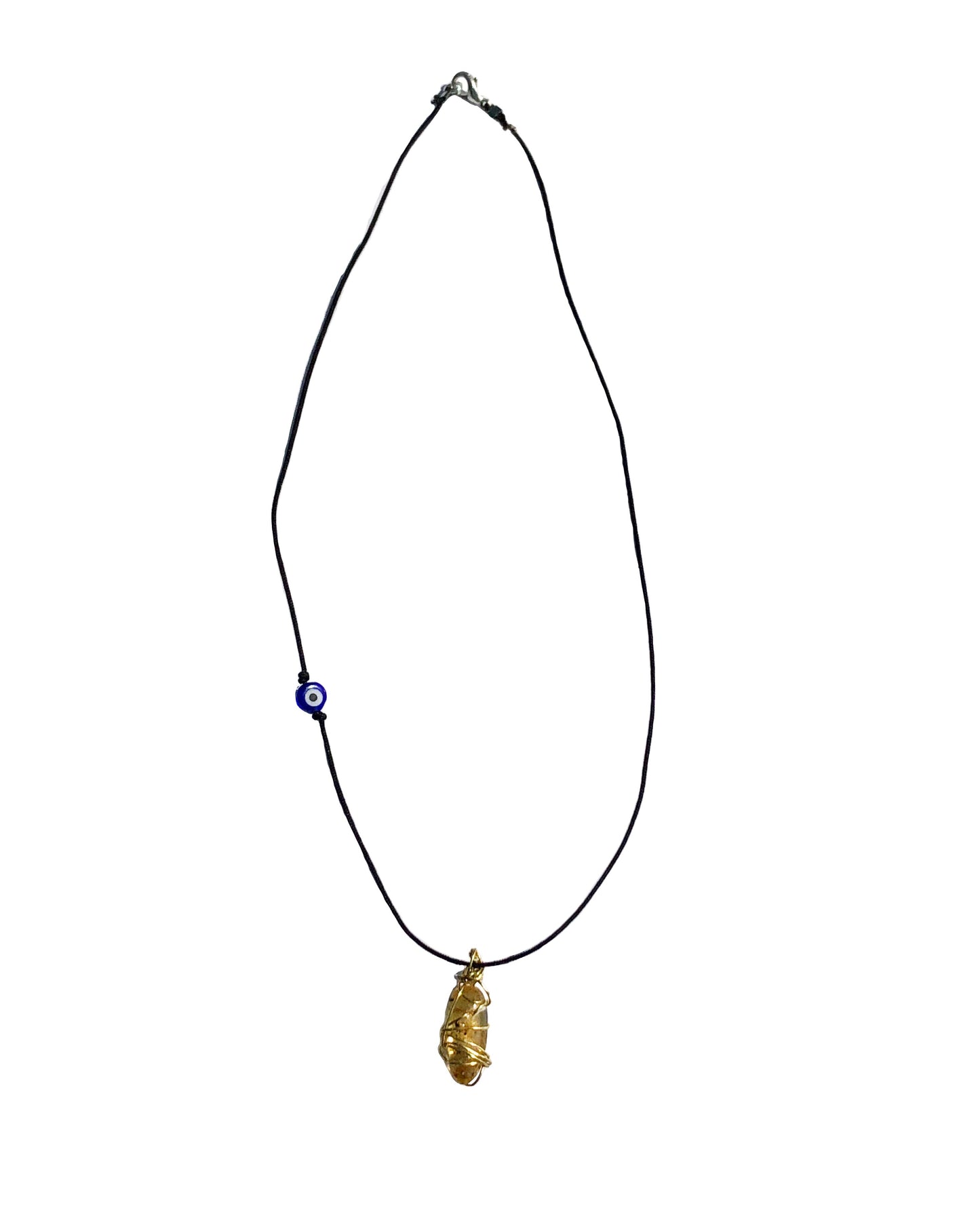 yellow tourmaline golden wire wrapped necklace with evil eye charm.