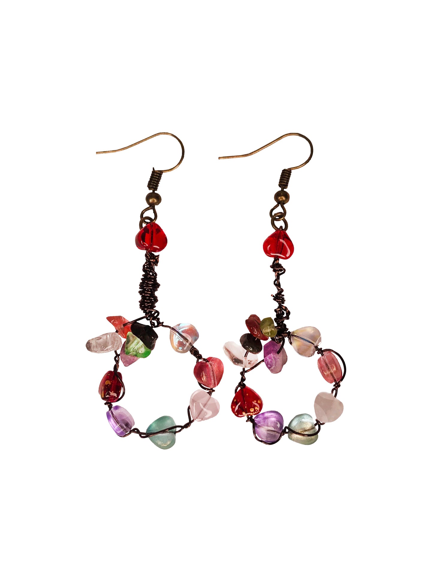 Handmade wire wrapped drop dangle earrings with multicolored heart beads and gemstones.