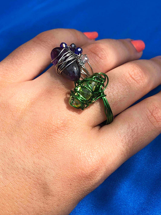 handmade blue and clear crystal beaded silver wire wrapped ring with a tourmaline centerpiece.