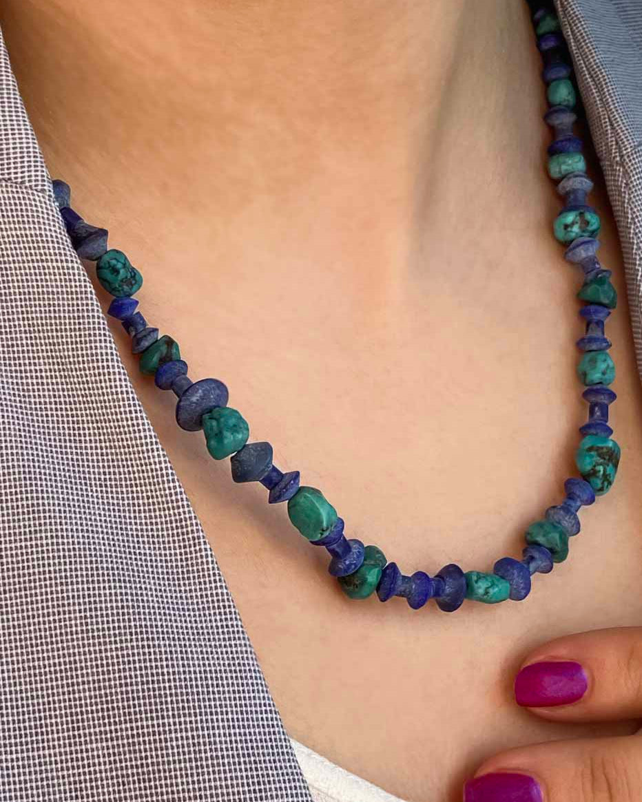 Handmade beaded lapis lazuli and turquoise vintage necklace.