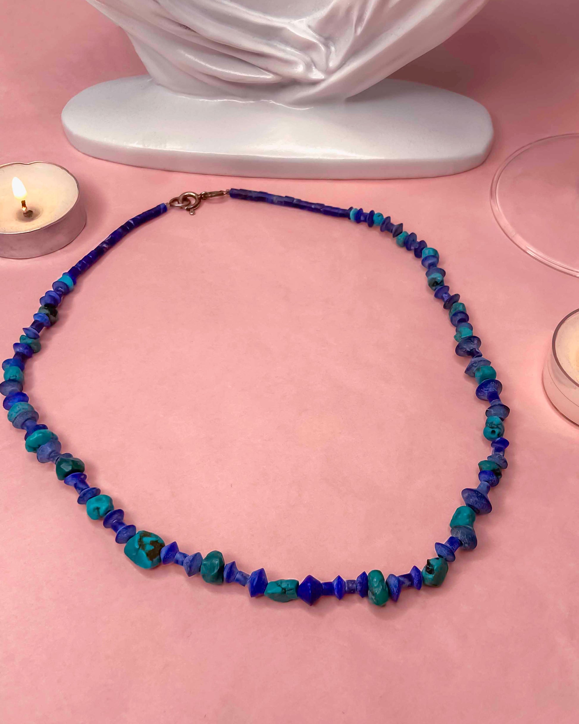 Handmade beaded lapis lazuli and turquoise vintage necklace.