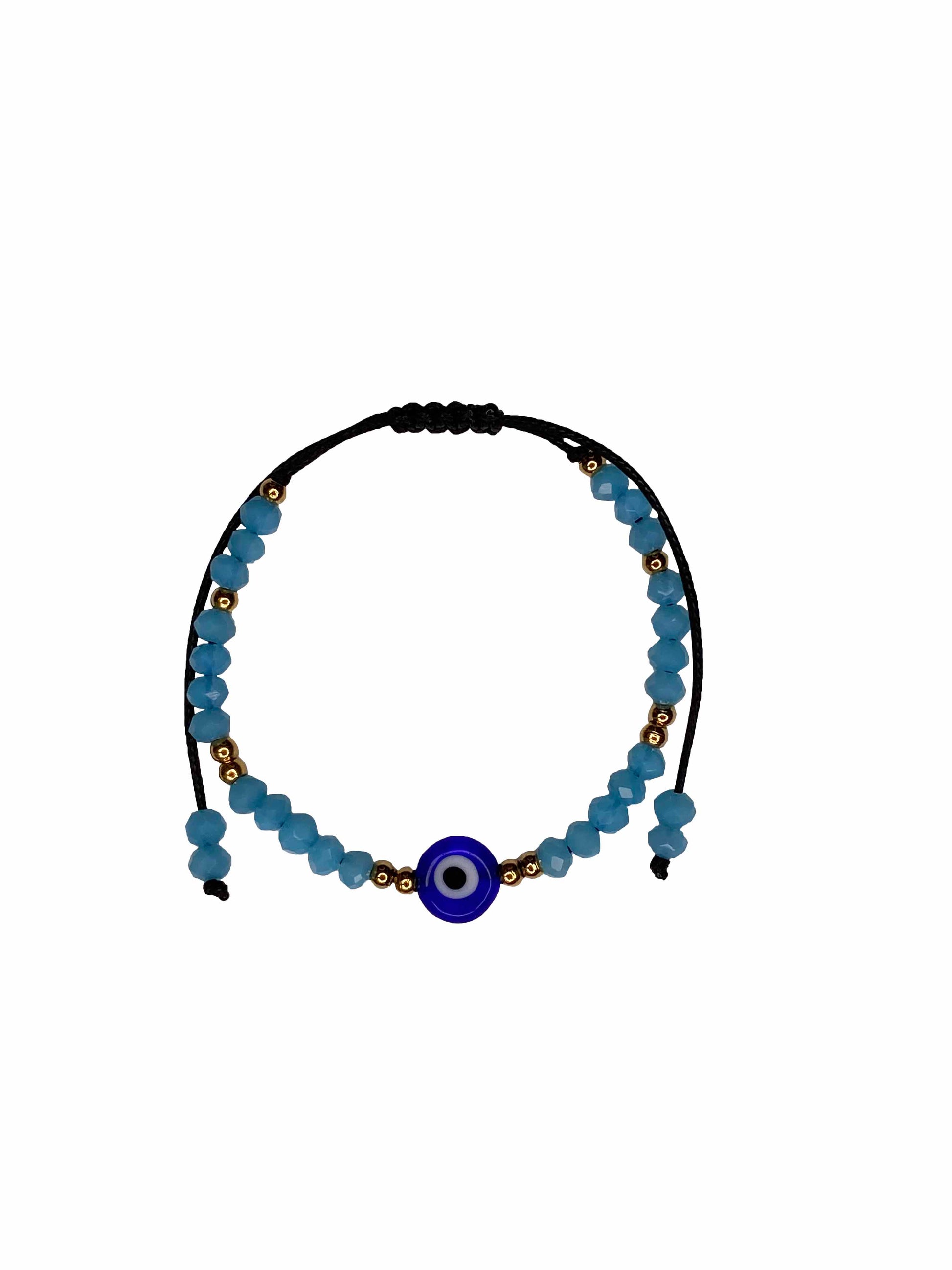 Handmade light blue crystal beaded nazar amulet bracelet with sliding knot ties. 