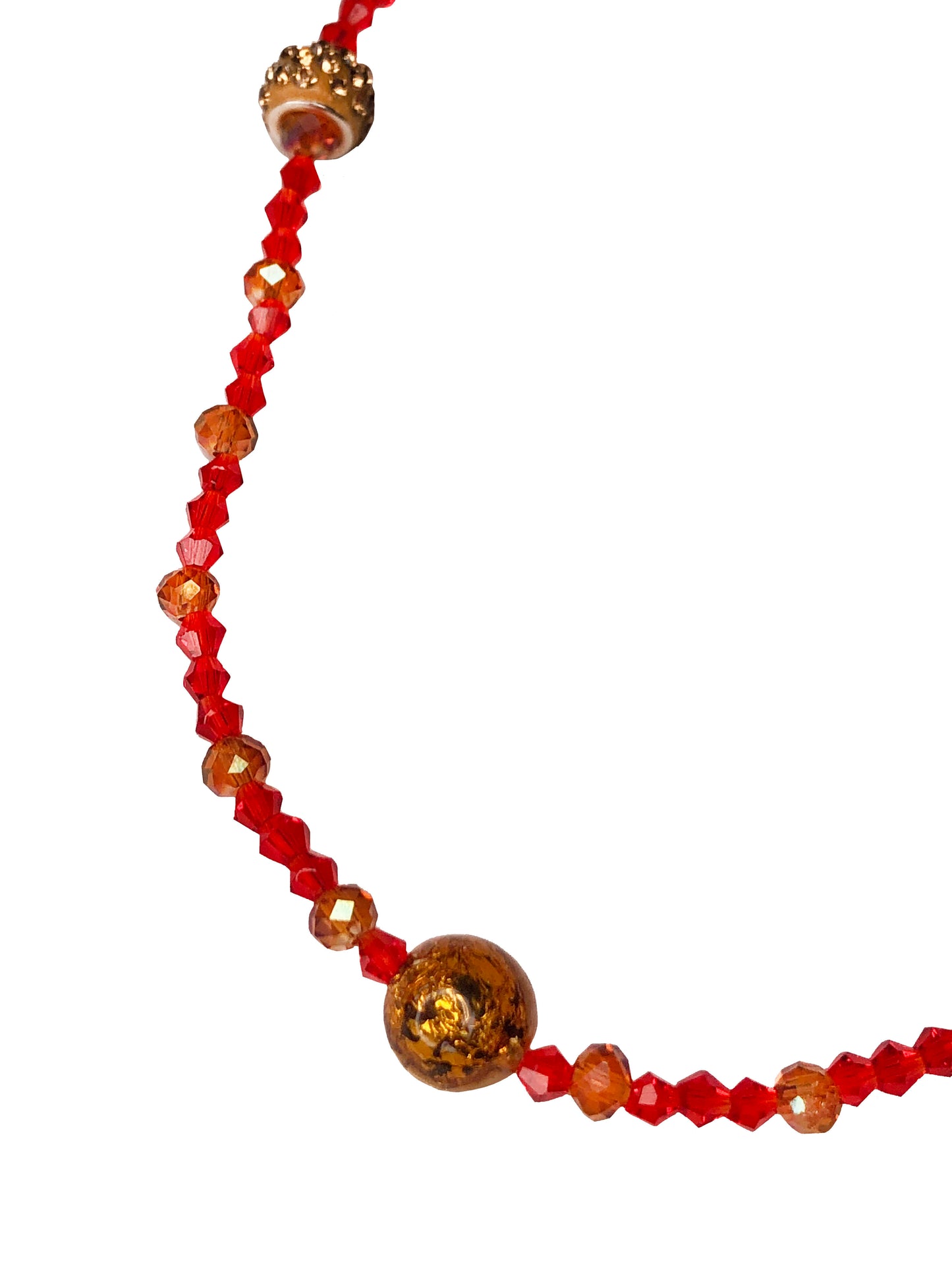 Handcrafted red and orange crystal beaded necklace with two golden rhinestone charms and a paper mache glass ball centerpiece.