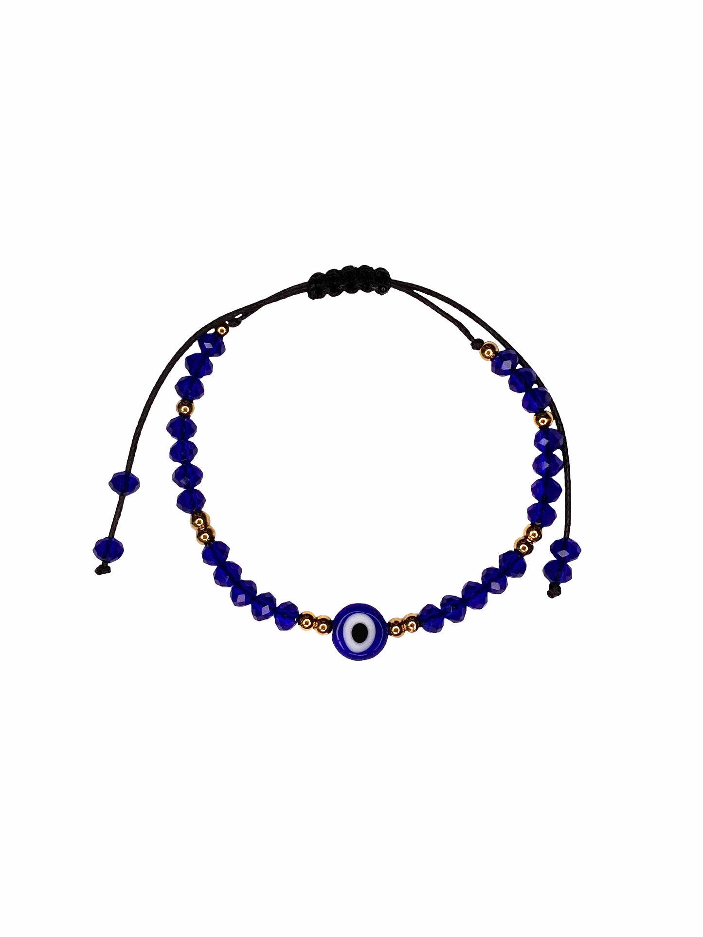 Handmade navy blue crystal beaded nazar amulet bracelet with sliding knot ties.