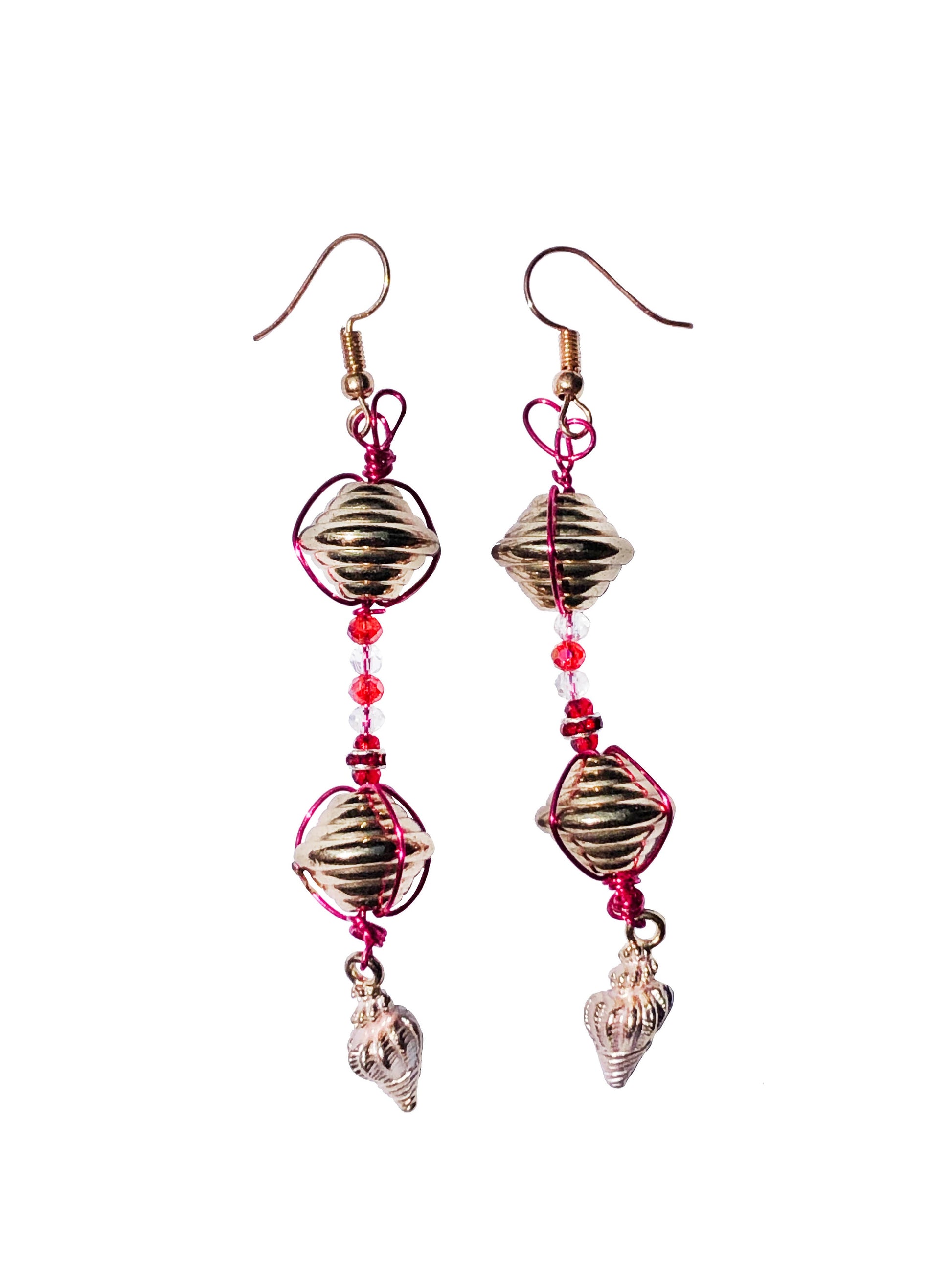 Handcrafted pink wire wrapped, beaded clear and red crystal earrings with golden and seashell charms.