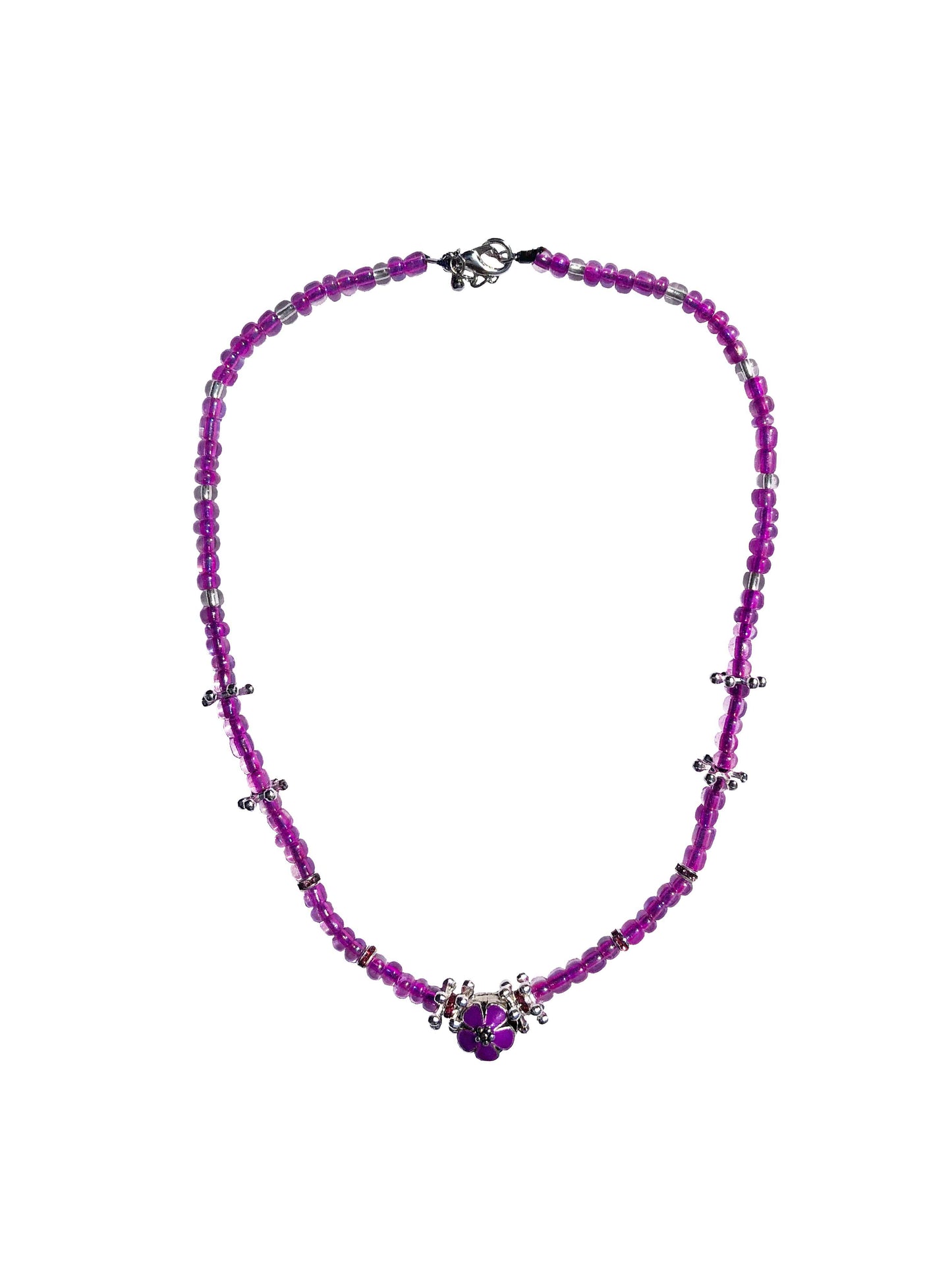 Handmade glass beaded necklace with silver flower charms, and a purple flower charm centerpiece.