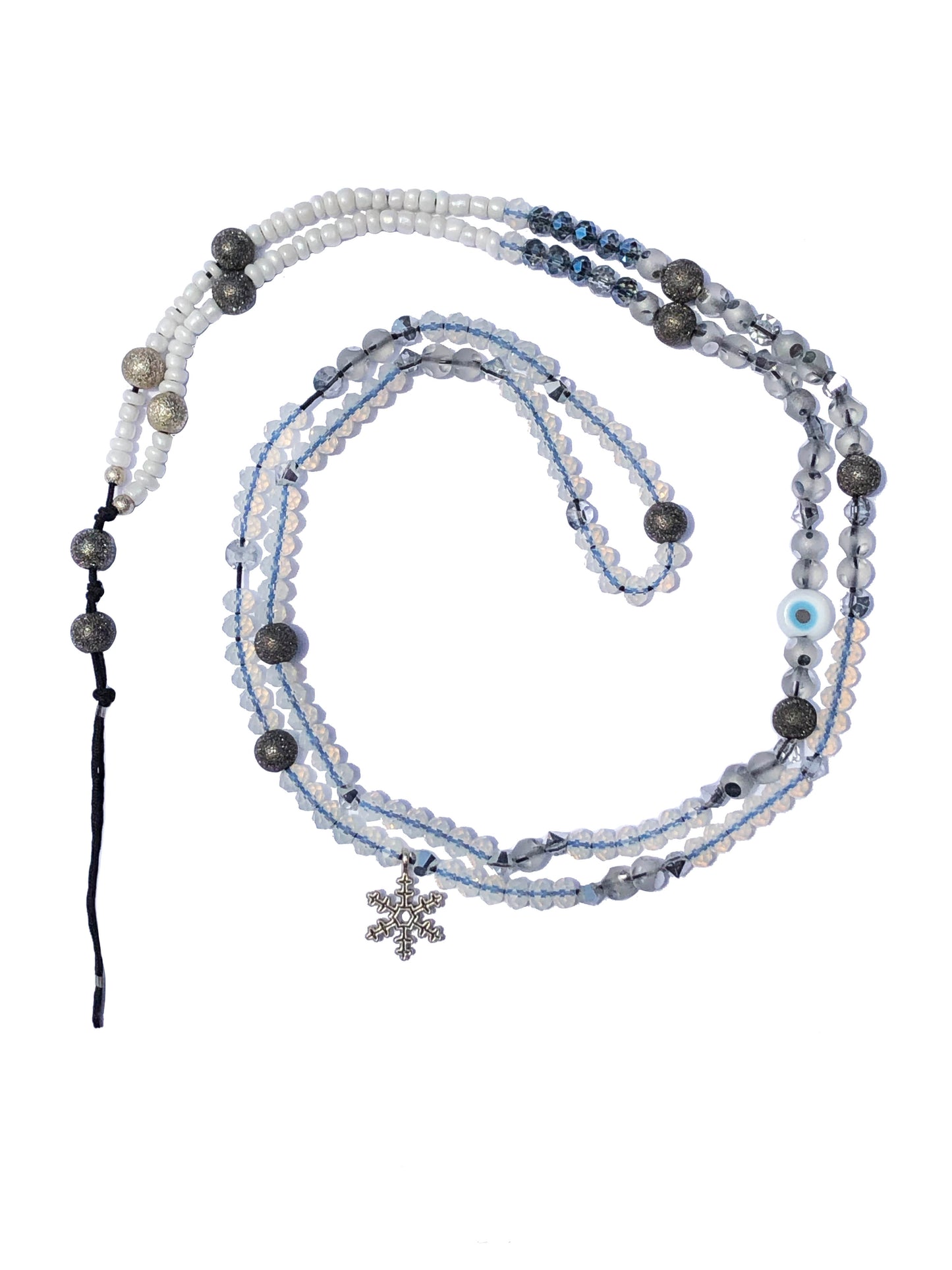 handcrafted clear crystal, white glass, and large silver and gold beaded crossbody phone strap with an evil eye and silver snowflake charm
