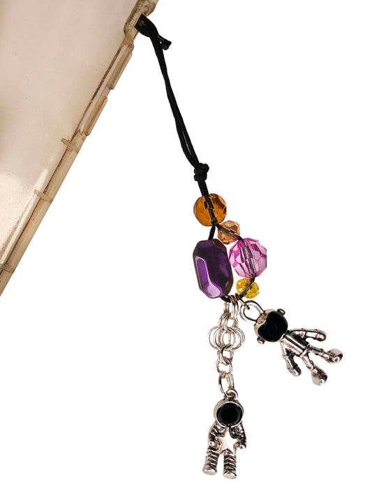 Handmade crystal and glass beaded phone charm with two astronaut charms.