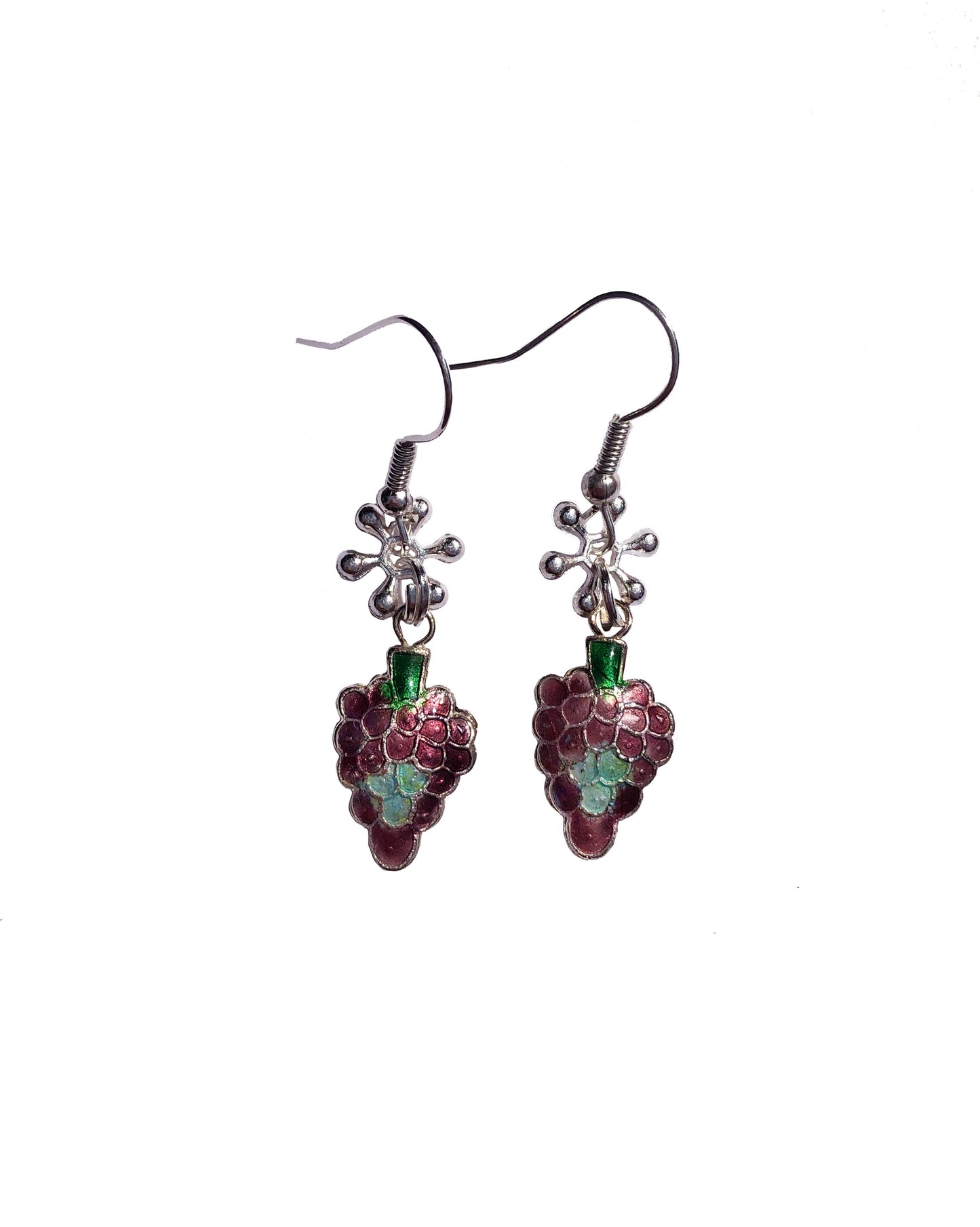 a pair of handmade purple grape charm earrings with flower charms.