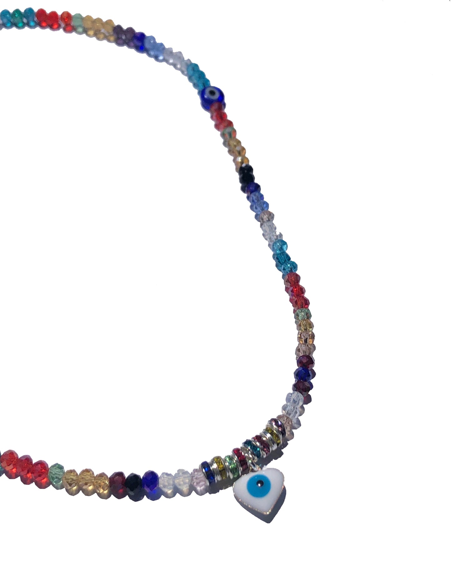 multicolored crystal beaded choker necklace with two circular blue evil eye charms, and a heart shaped evil eye pendant.