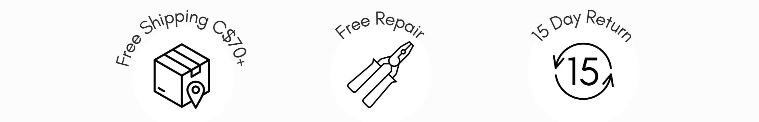 Set of icons representing free shipping, repair, and return policy on a white background