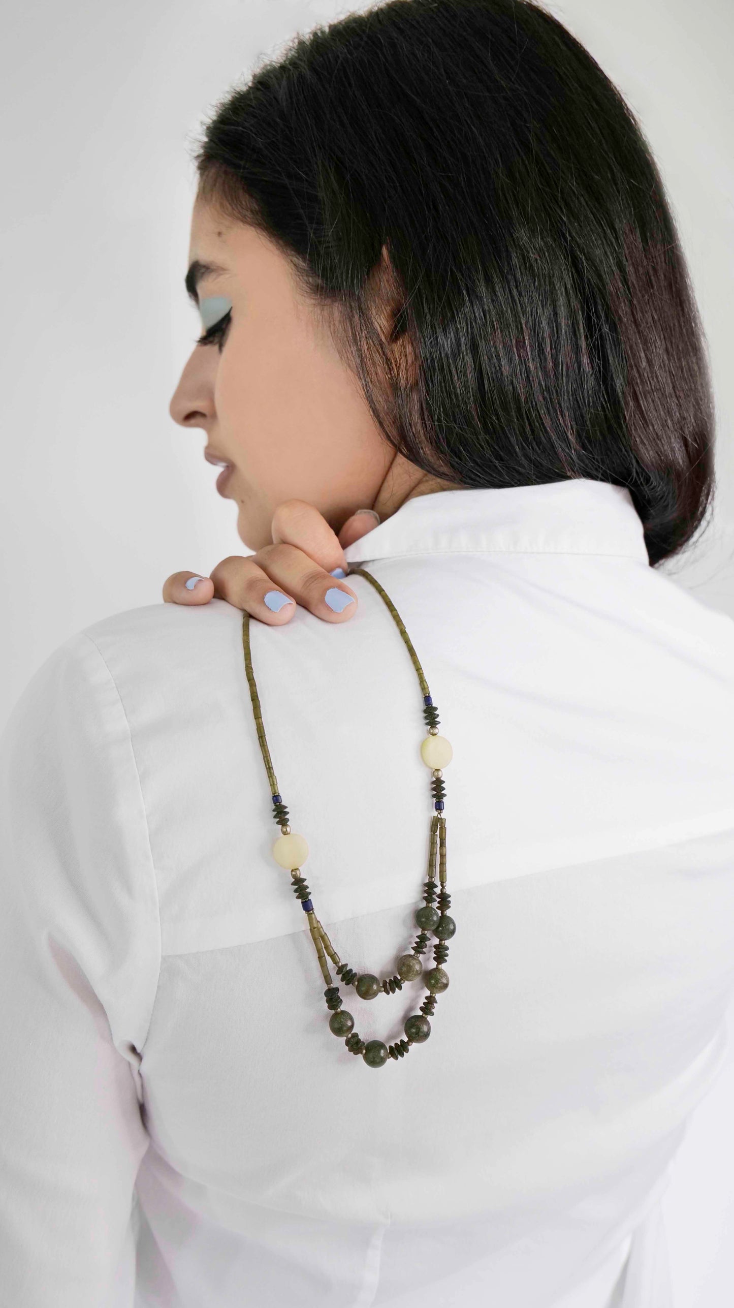 Handcrafted vintage necklace that features smoky quartz, granite, Jade and lapis lazuli stones with 925 sterling silver balls and clasp.