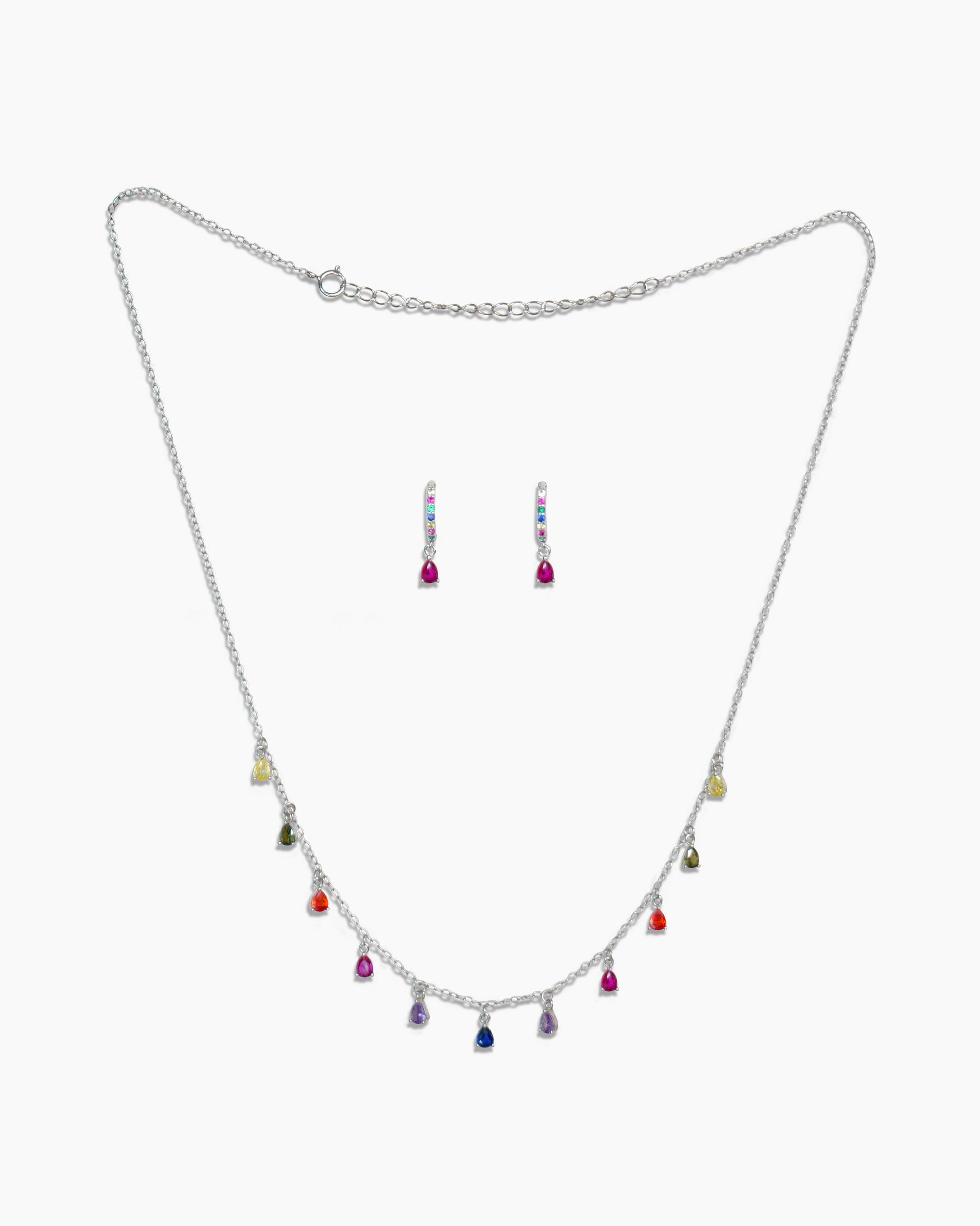 925 sterling silver huggie hoop earrings and chain necklace with multicolored zirconia stones. 