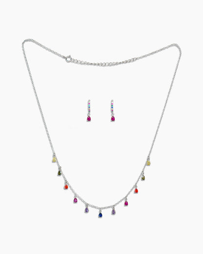 925 sterling silver huggie hoop earrings and chain necklace with multicolored zirconia stones. 