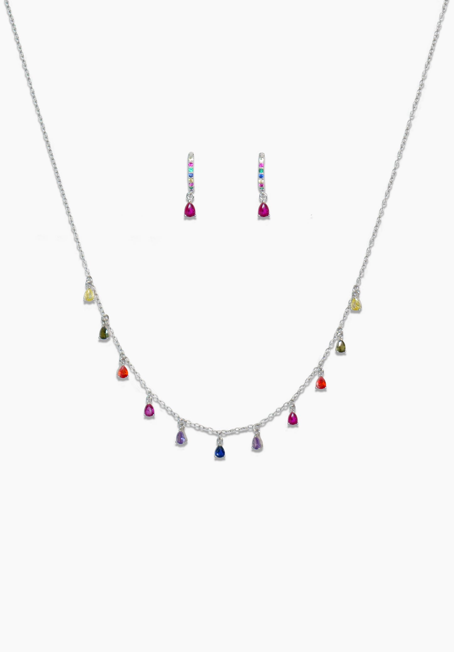 925 sterling silver huggie hoop earrings and chain necklace with multicolored zirconia stones. 