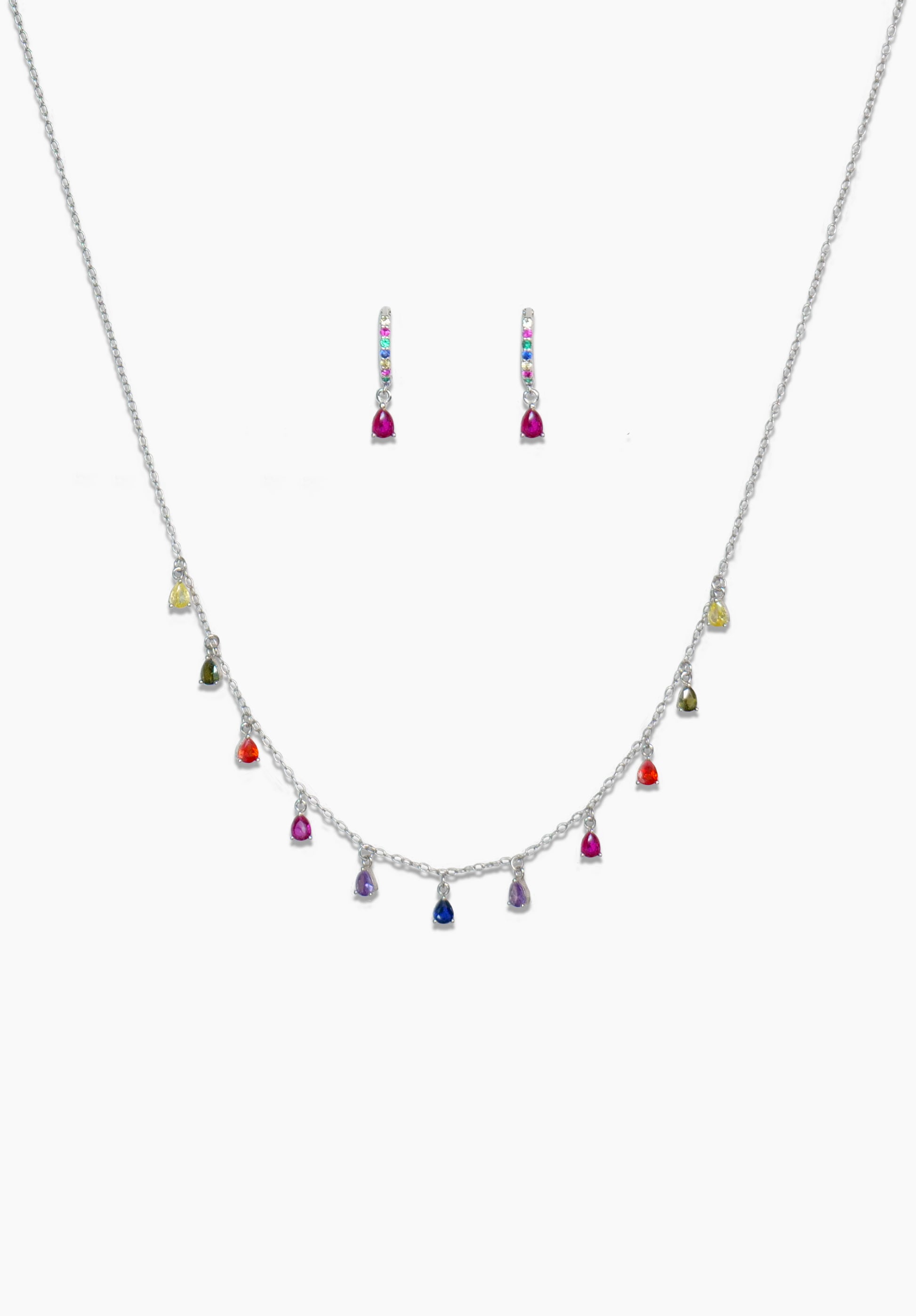 925 sterling silver huggie hoop earrings and chain necklace with multicolored zirconia stones. 