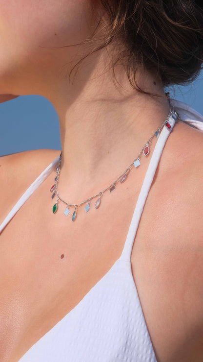 Silver choker necklace for women featuring colorful glass leaf charms, a unique piece of silver plated jewelry and summer jewelry.