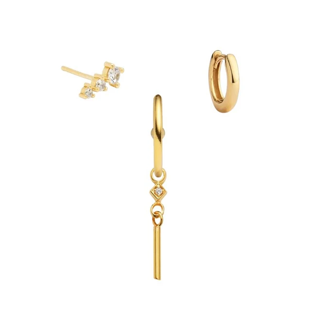 3 piece set zircon simple stud & hoop sterling silver earrings jewelry bundle. 