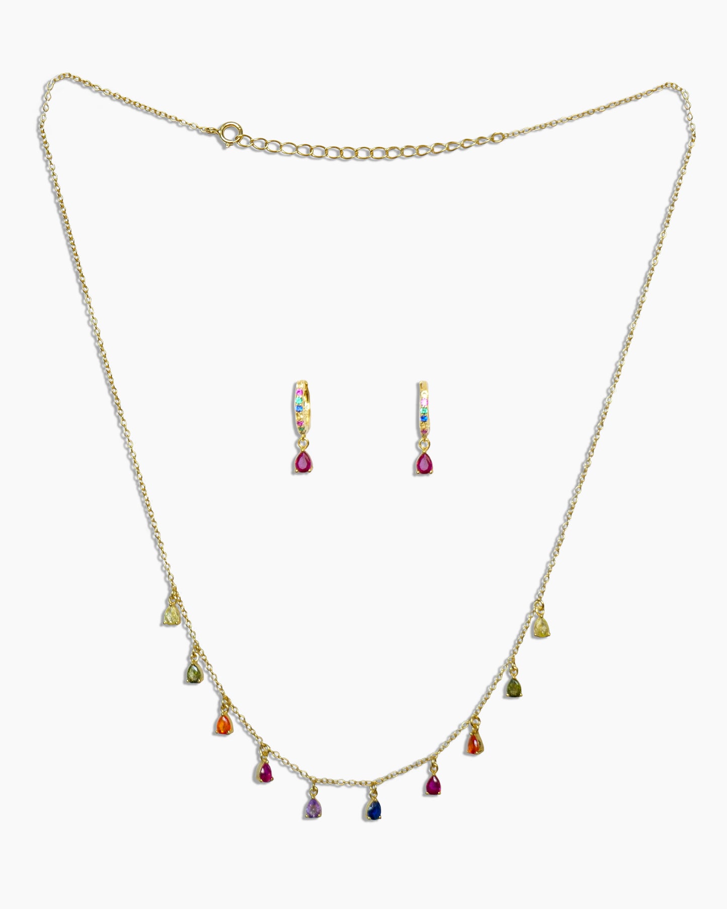 925 gold-plated sterling silver huggie hoop earrings and chain necklace with multicolored zirconia stones. 
