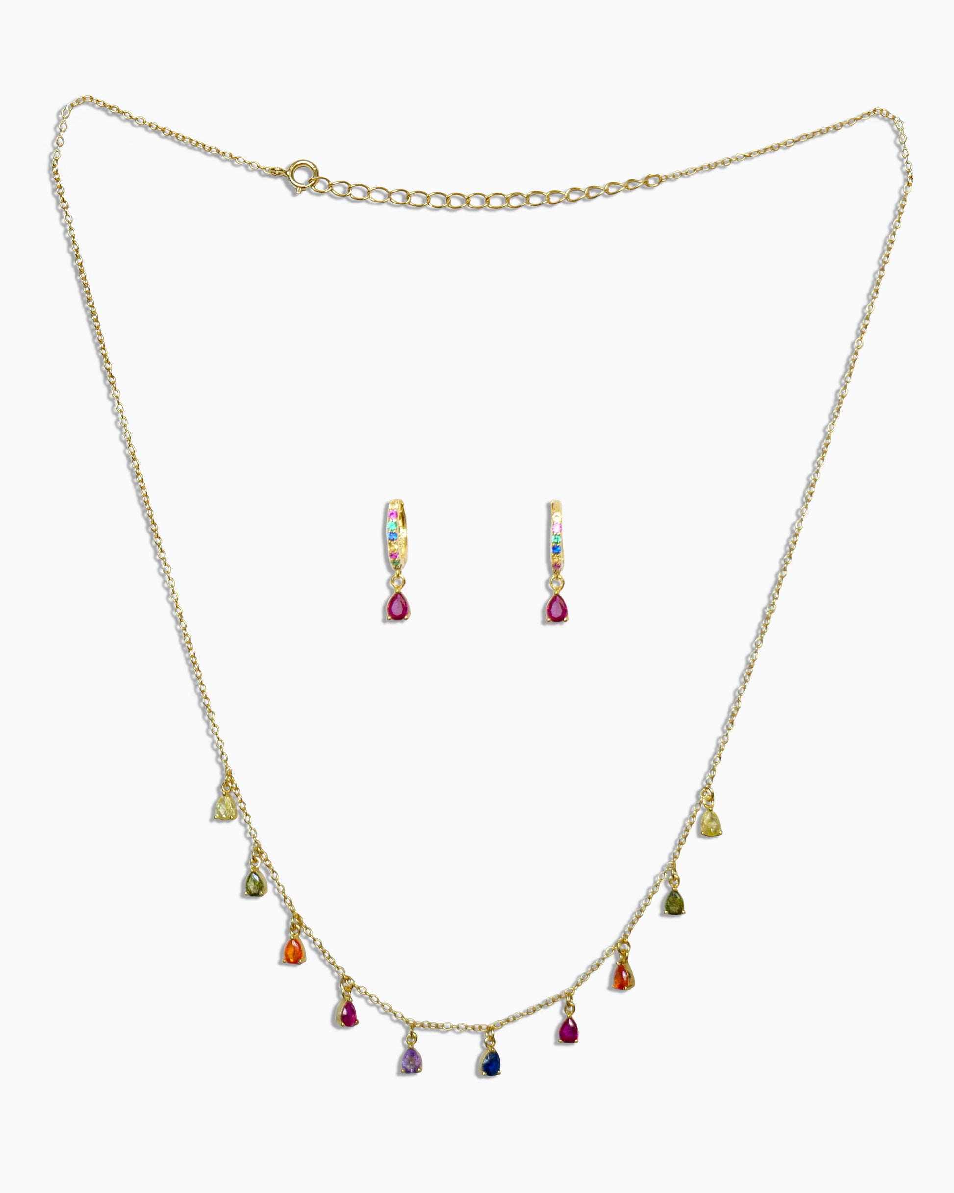 925 gold-plated sterling silver huggie hoop earrings and chain necklace with multicolored zirconia stones. 
