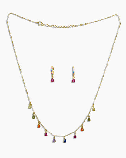 925 gold-plated sterling silver huggie hoop earrings and chain necklace with multicolored zirconia stones. 
