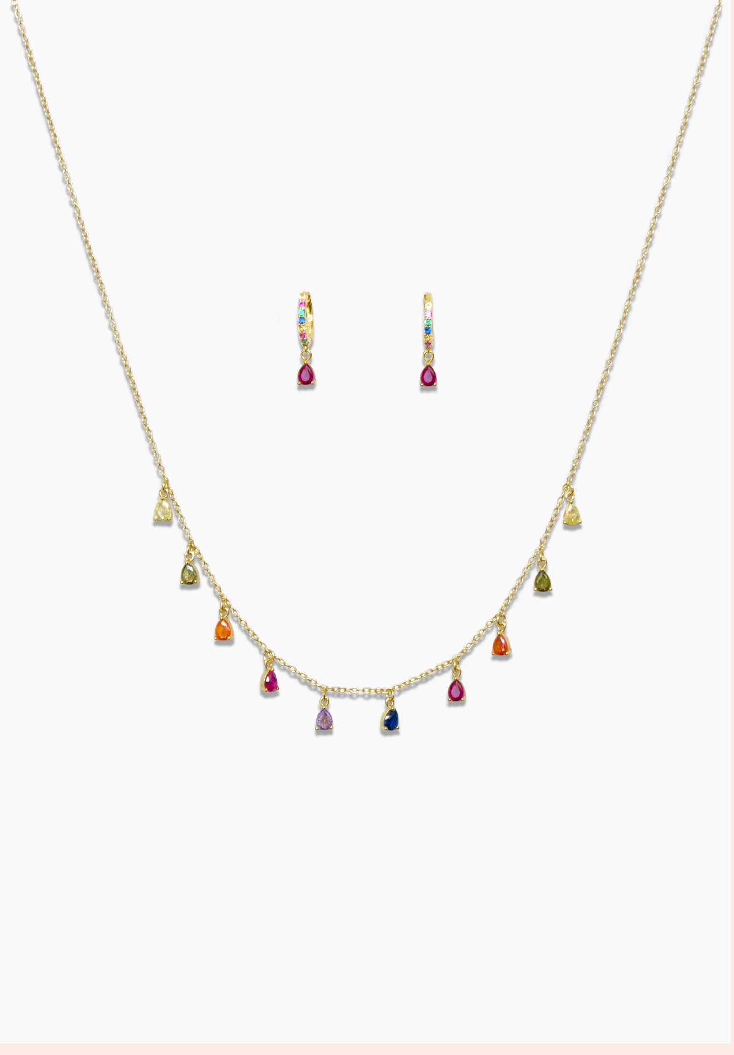 925 gold-plated sterling silver huggie hoop earrings and chain necklace with multicolored zirconia stones. 