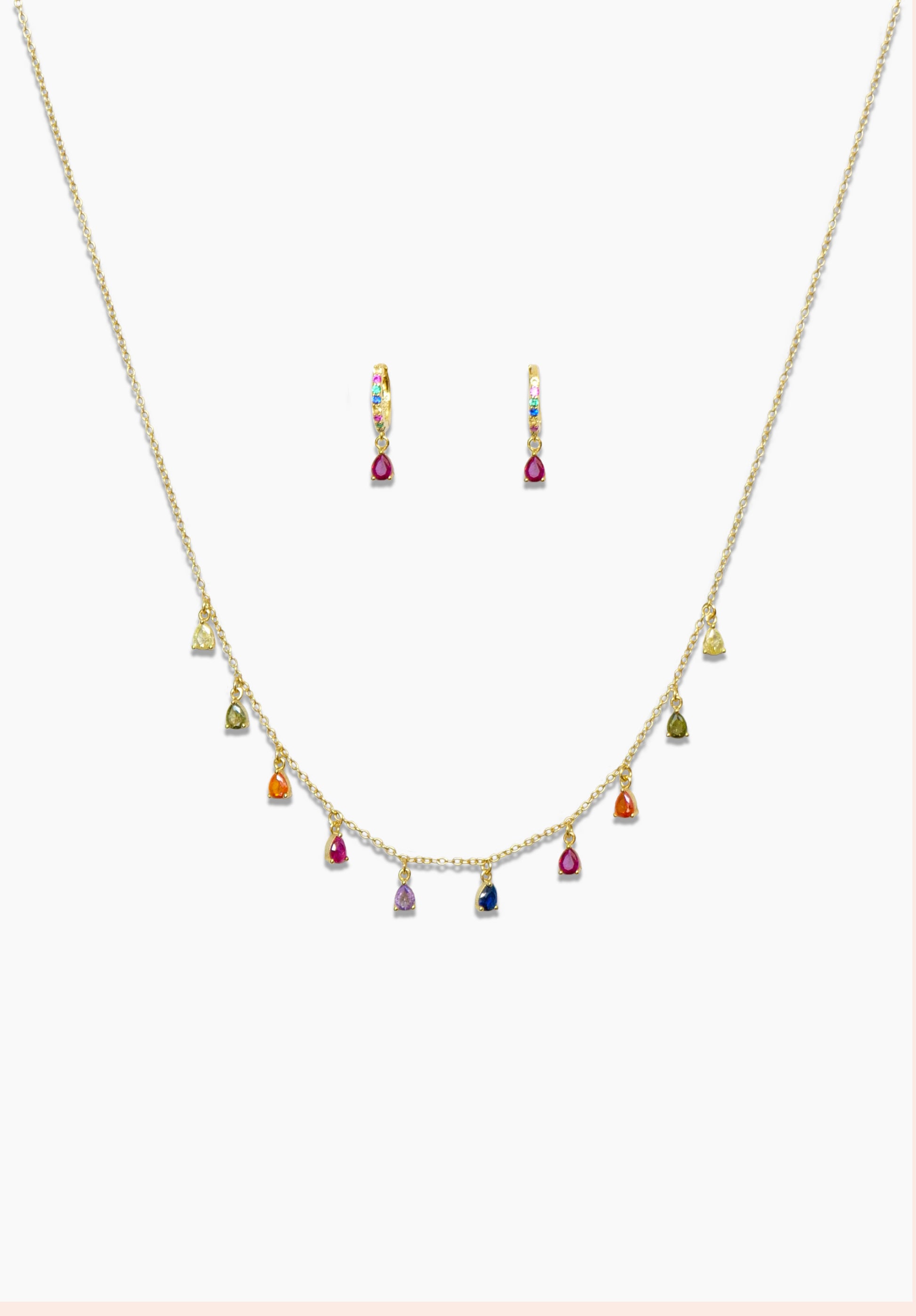 925 gold-plated sterling silver huggie hoop earrings and chain necklace with multicolored zirconia stones. 