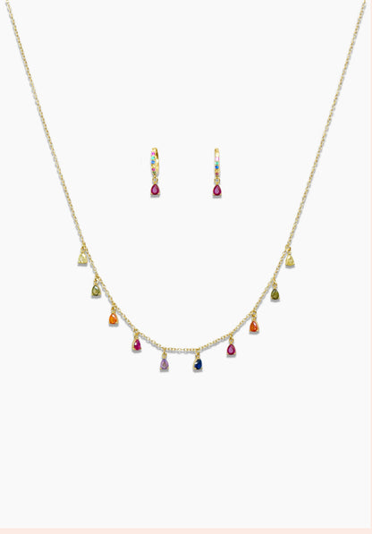 925 gold-plated sterling silver huggie hoop earrings and chain necklace with multicolored zirconia stones. 