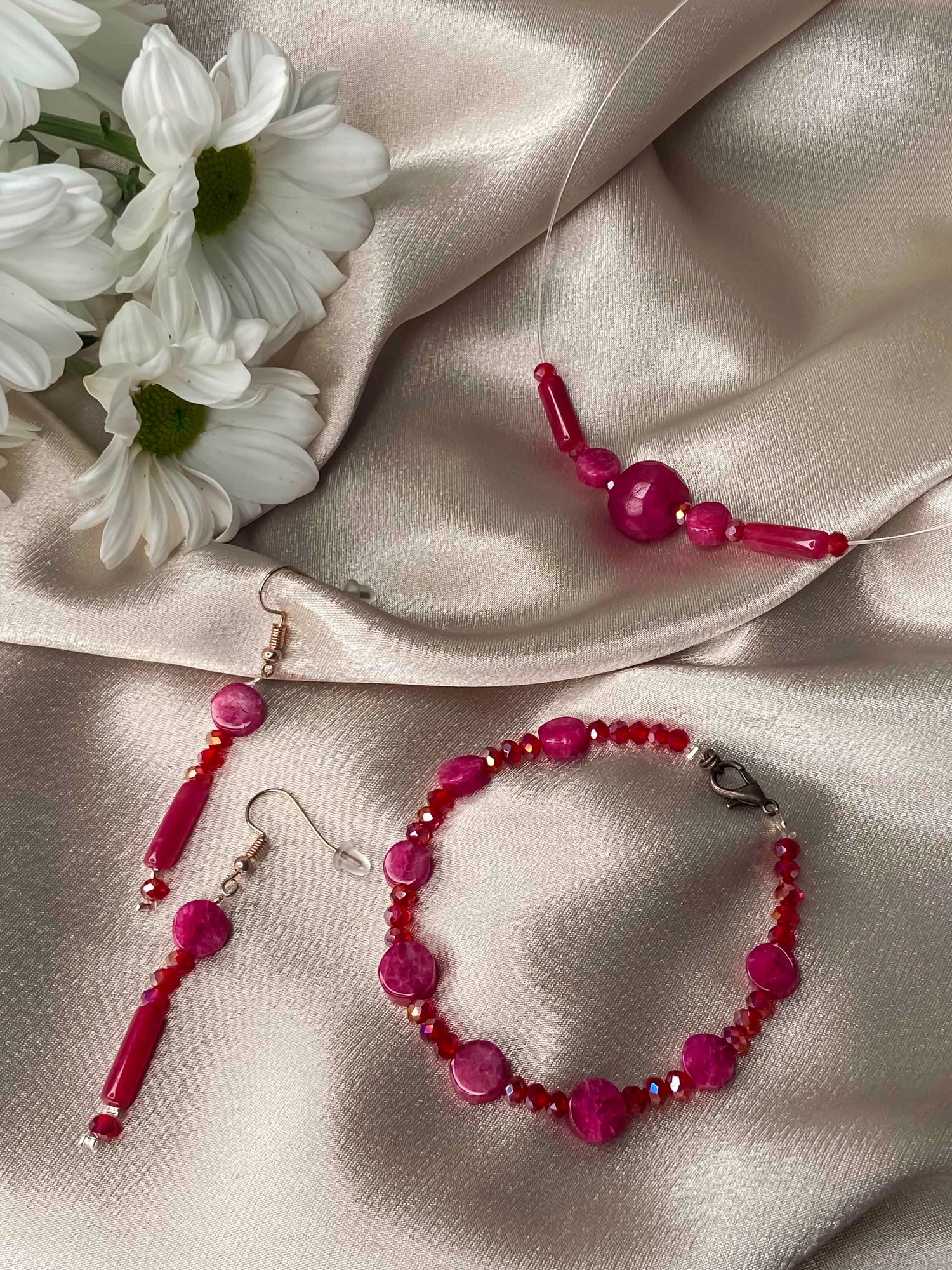 Handmade red crystal and pink rubellite stone dangle drop earrings, bracelet, and pendant necklace.