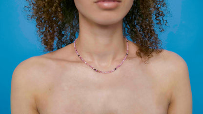 Handmade beaded pink tourmaline stone necklace with a sterling silver clasp.