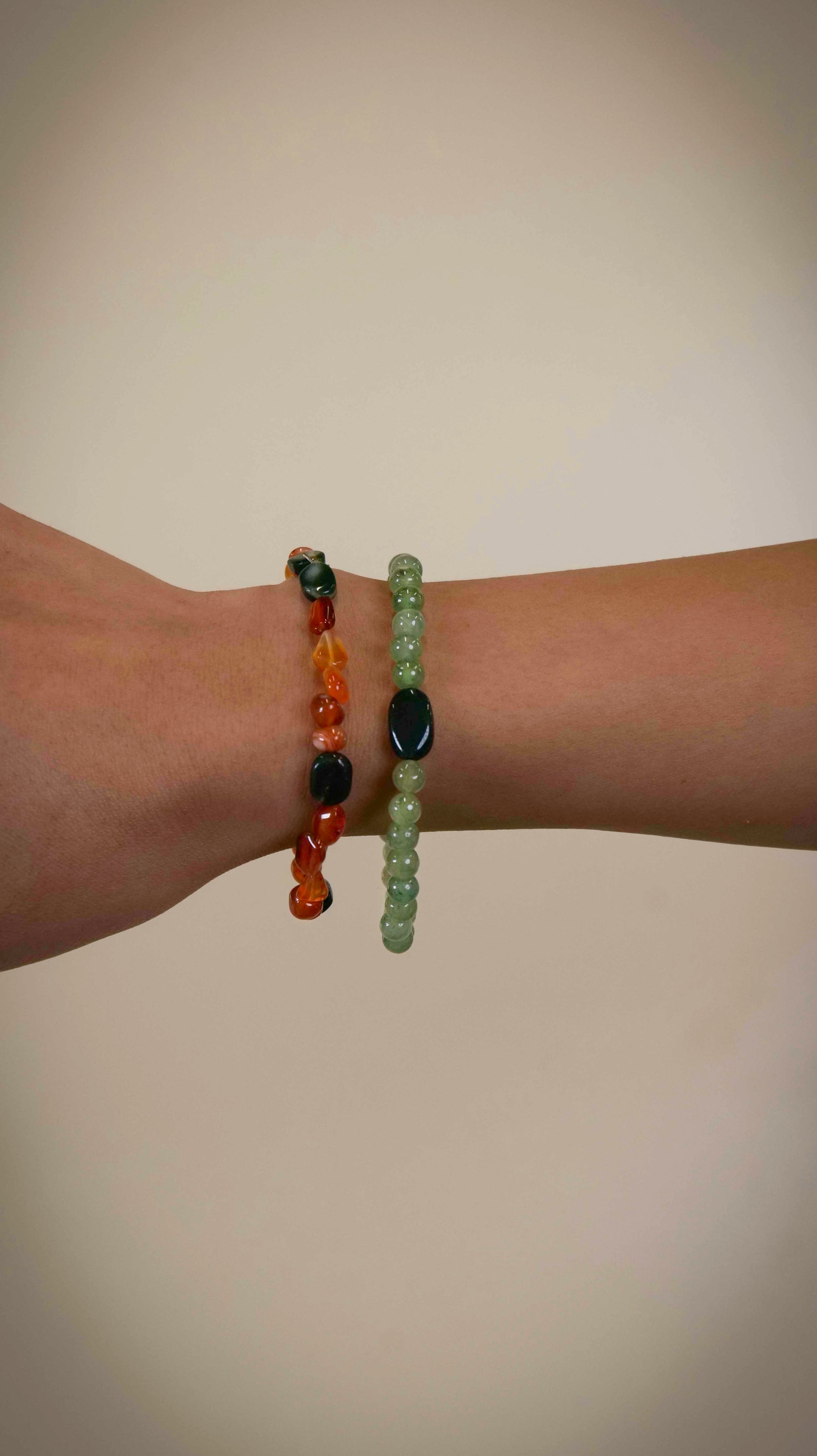 Handcrafted bracelets made using carnelian and aventurine beads. 