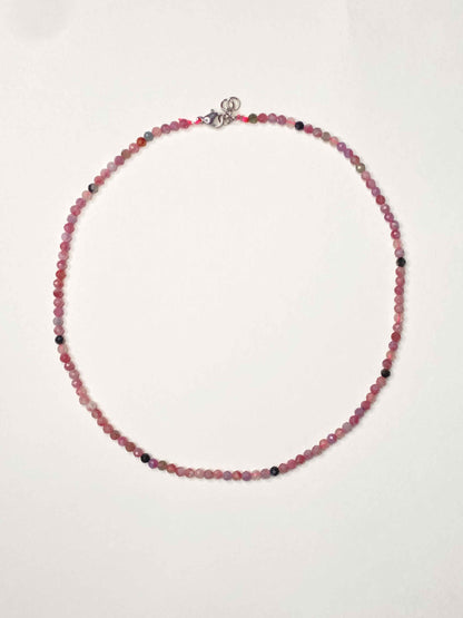 Handmade beaded pink tourmaline stone necklace with a sterling silver clasp.