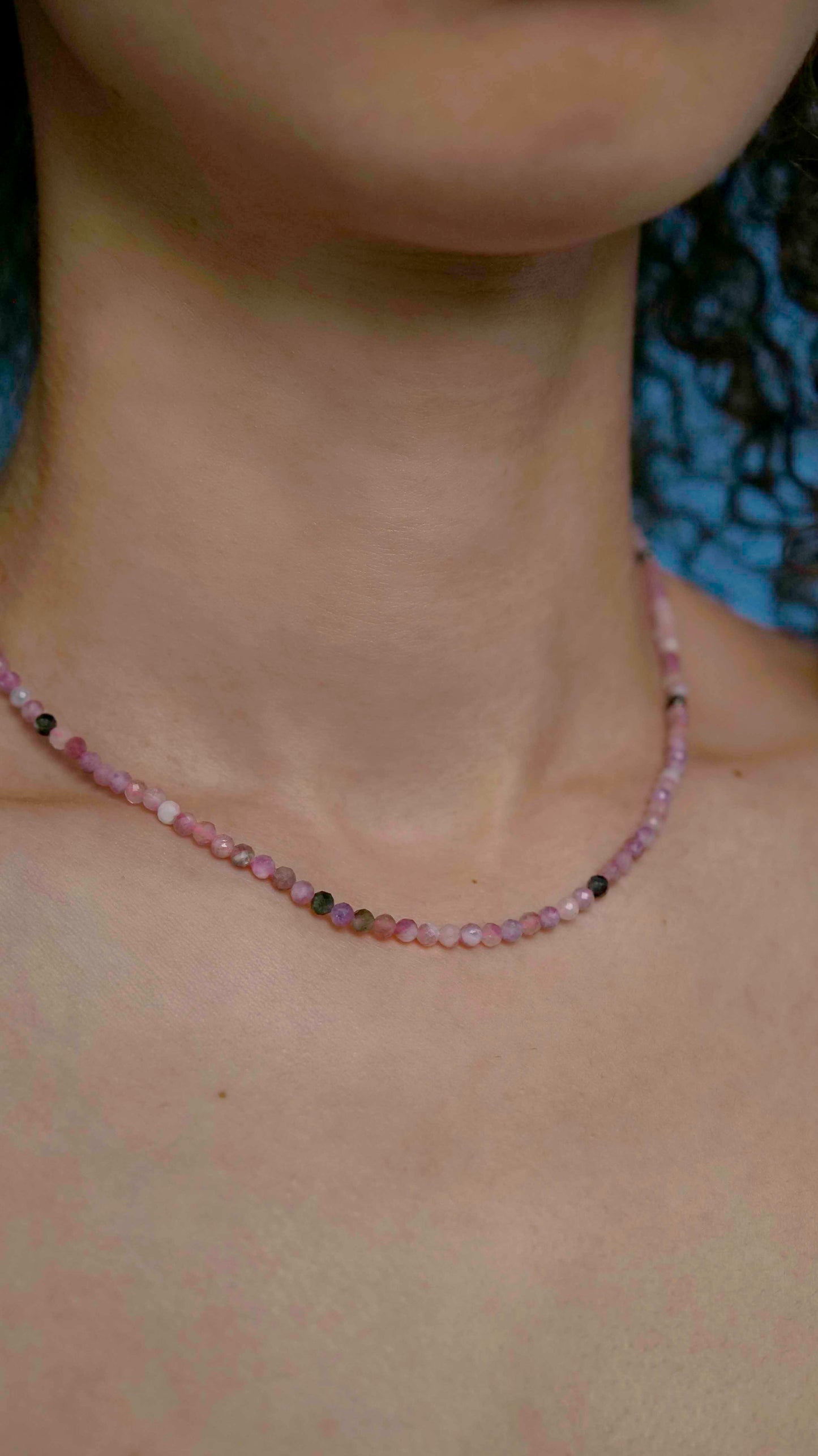 Handmade beaded pink tourmaline stone necklace with a sterling silver clasp.