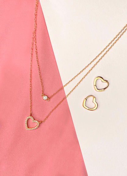 Gold-plated 925 sterling silver double-layer necklace delicate clavicle chain zircon necklace, and heart hoop earrings.