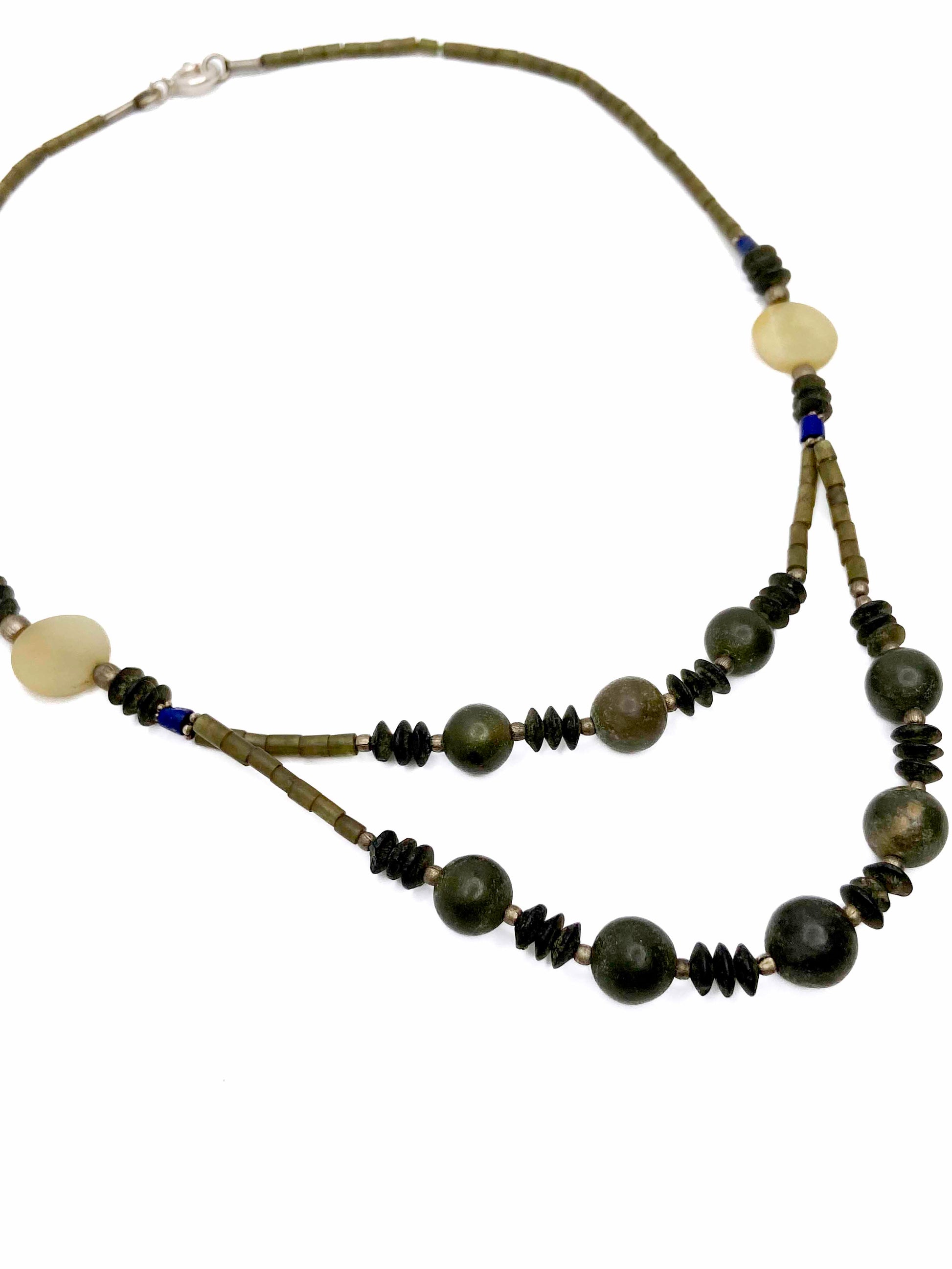 Handcrafted vintage necklace that features smoky quartz, granite, Jade and lapis lazuli stones with 925 sterling silver balls and clasp.