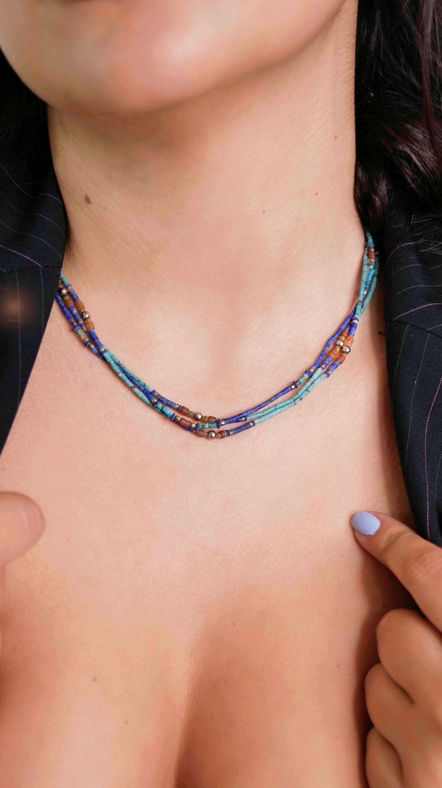 Handcrafted vintage necklaces that feature carnelian, turquoise, and lapis lazuli stones with 925 sterling silver balls and clasp.