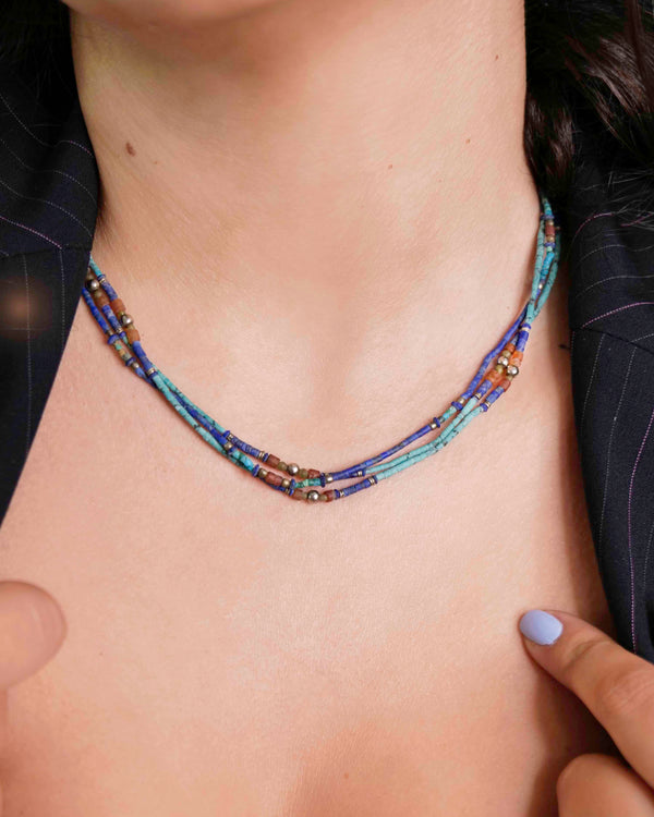 Handcrafted vintage necklaces that feature carnelian, turquoise, and lapis lazuli stones with 925 sterling silver balls and clasp.