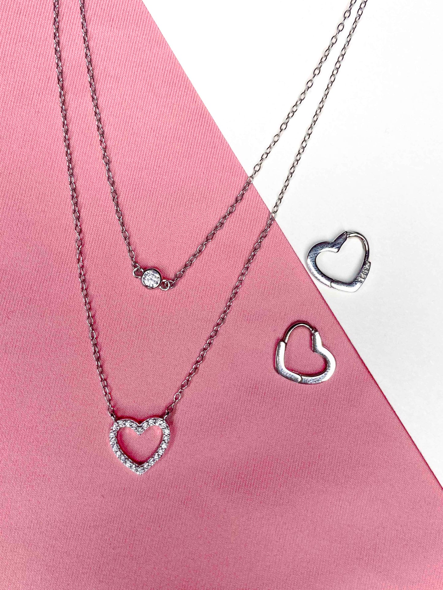 925 sterling silver double-layer necklace delicate clavicle chain zircon necklace, and heart hoop earrings.