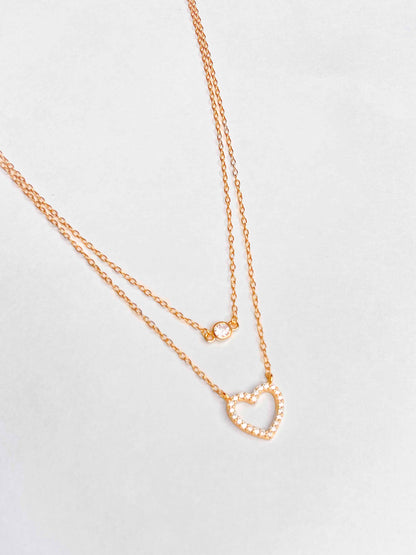 Gold-plated 925 sterling silver double-layer necklace delicate clavicle chain zircon necklace, and heart hoop earrings.