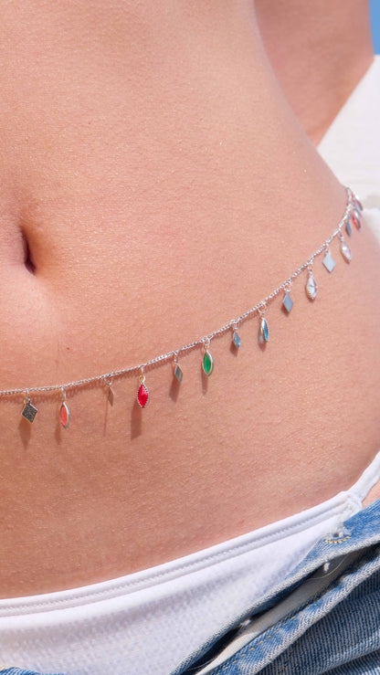 Silver waist chain with multicolor glass-like leaf charms, perfect for summer belly jewelry and silver plated body jewelry looks.