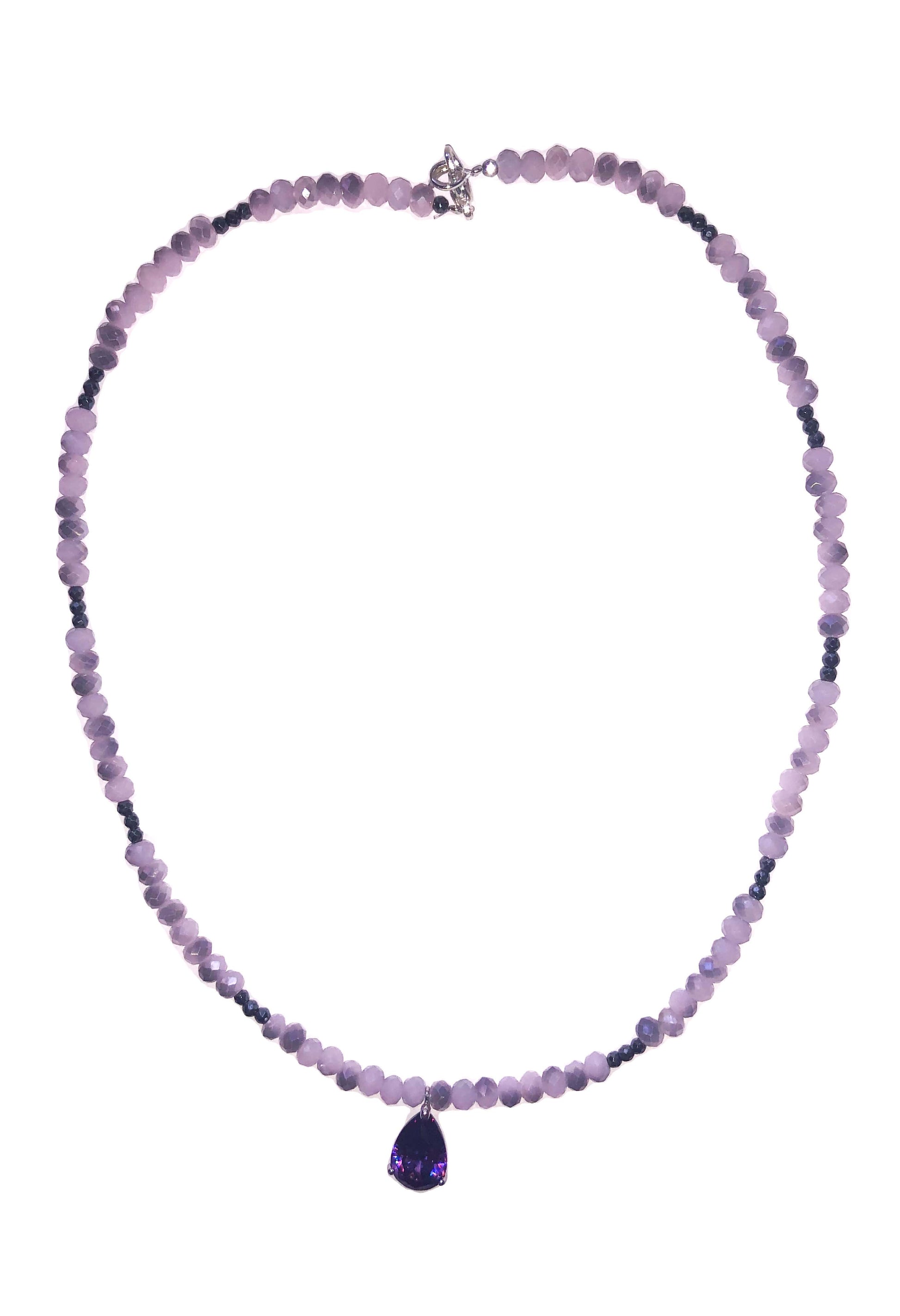 Handcrafted light purple and black crystal beaded necklace with a silver backed amethyst stone