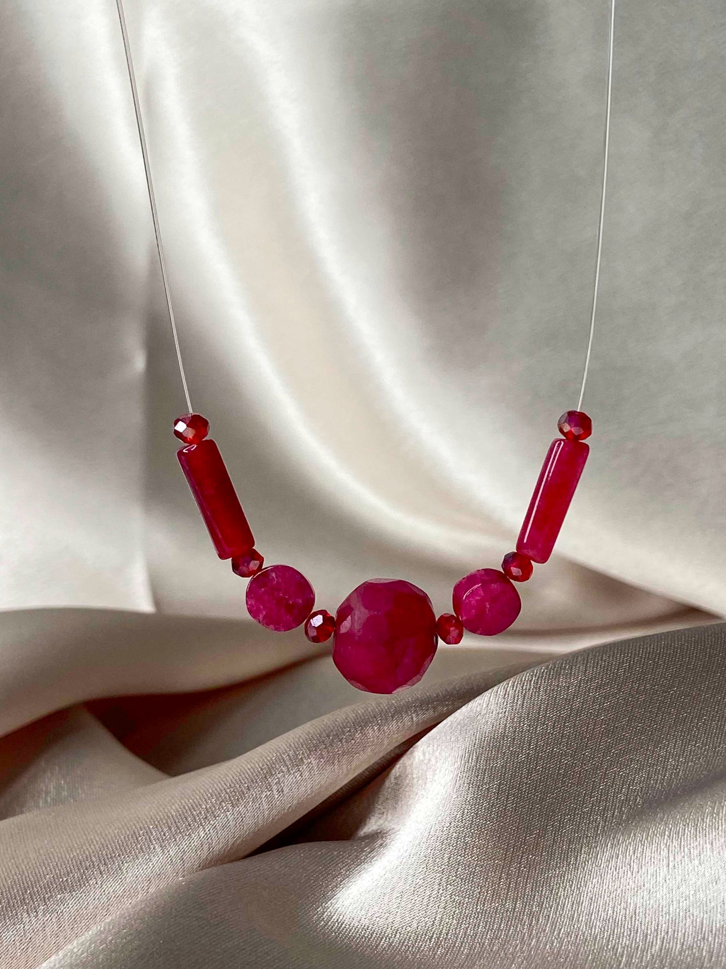 Handmade red crystal and pink rubellite stone invisible pendant necklace.