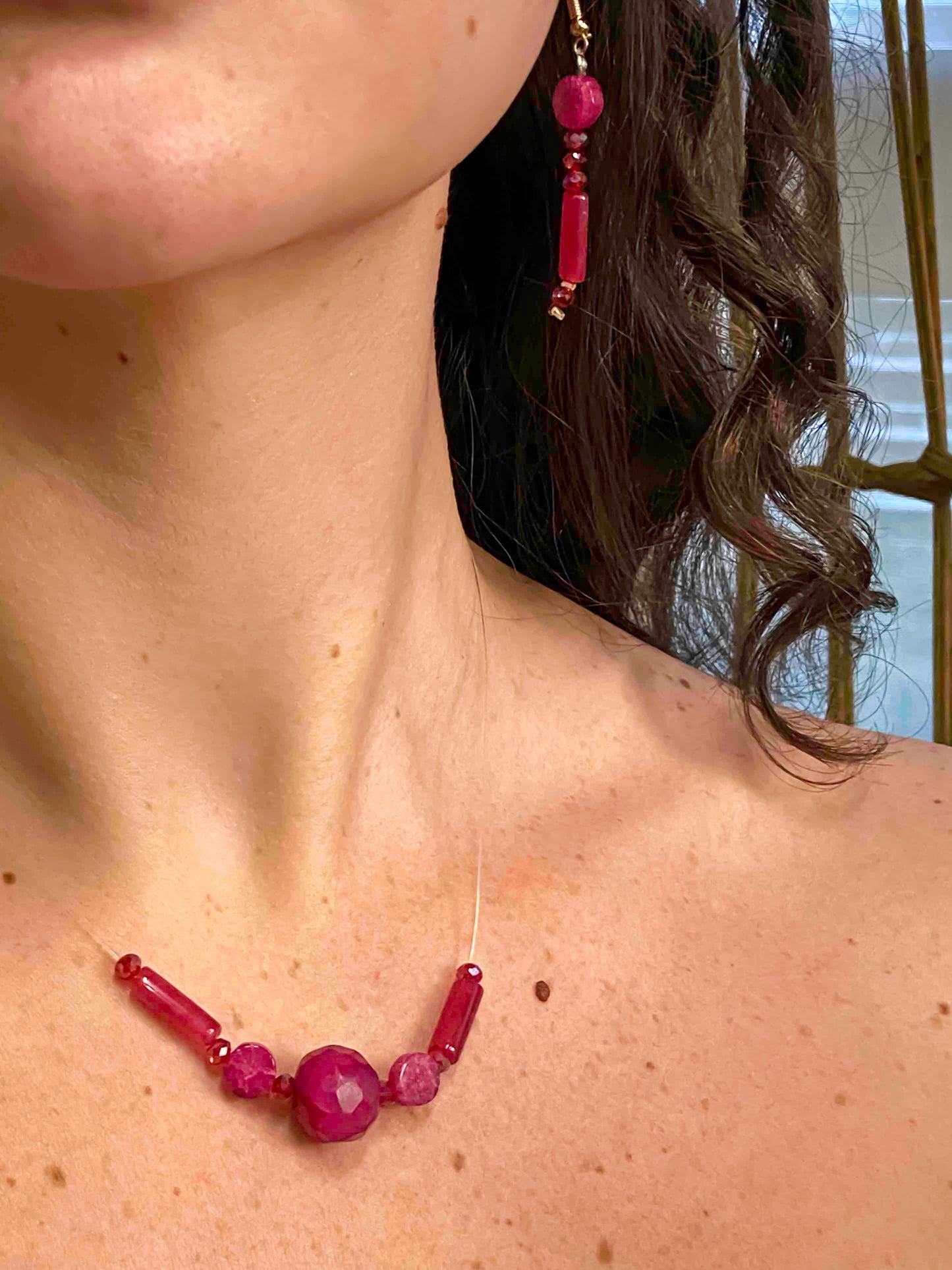 Handmade red crystal beaded and pink rubellite stone dangle drop earrings and pendant necklace.