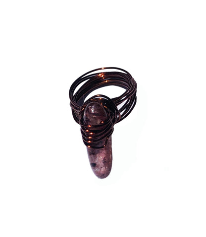 handcrafted wire wrapped ring made using brown wires and a tourmaline gemstone 